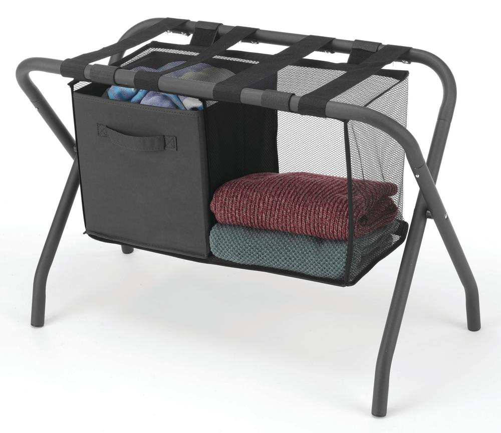 Whitmor® Gray Luggage Stand with Hanging Shelf and Fabric Bin