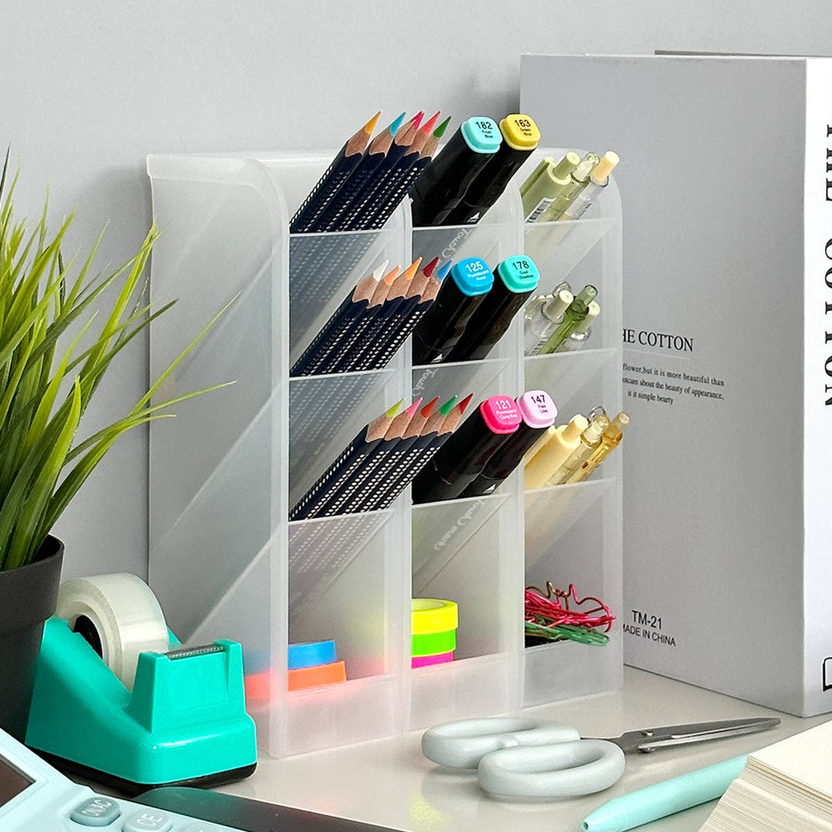 Wrapables Pen Organizer with 4 Compartments Desktop Storage: Large (2pcs) / Clear