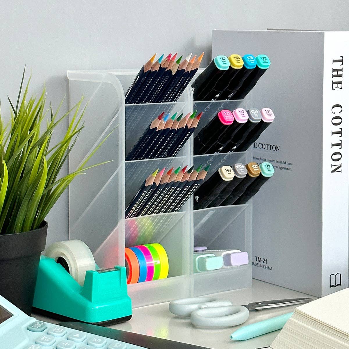 Wrapables Pen Organizer with 4 Compartments Desktop Storage: Large (2pcs) / Clear