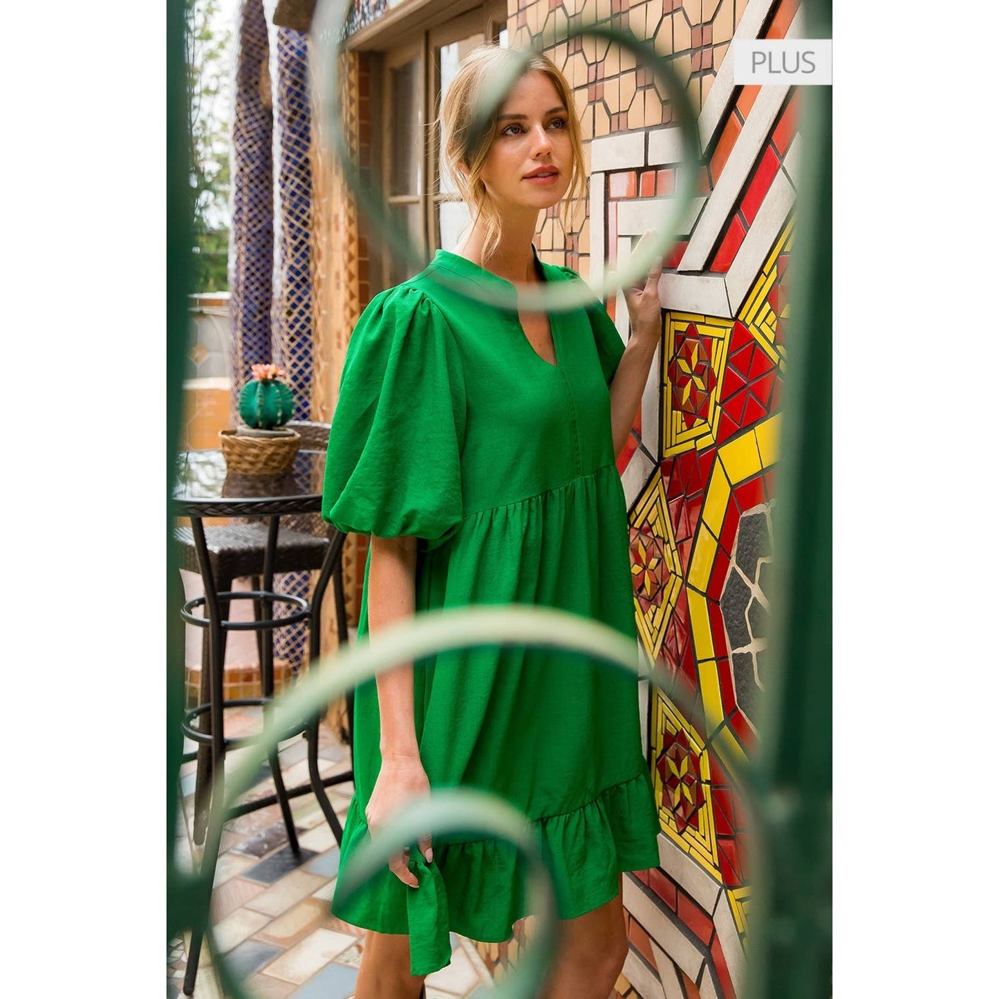 /Size XL/ Babydoll Puff Sleeve Ruffle Hem Mini Dress: GREEN / XL