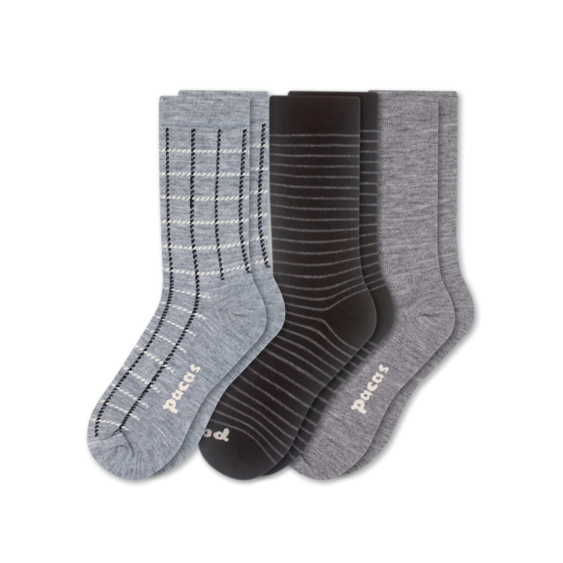 3 Pack - Women's Light-Weight Crew Pacas Socks: STRIPE/Black/Charcoal SolidAll / Medium / Large (US: 8.5 - 11.5+)