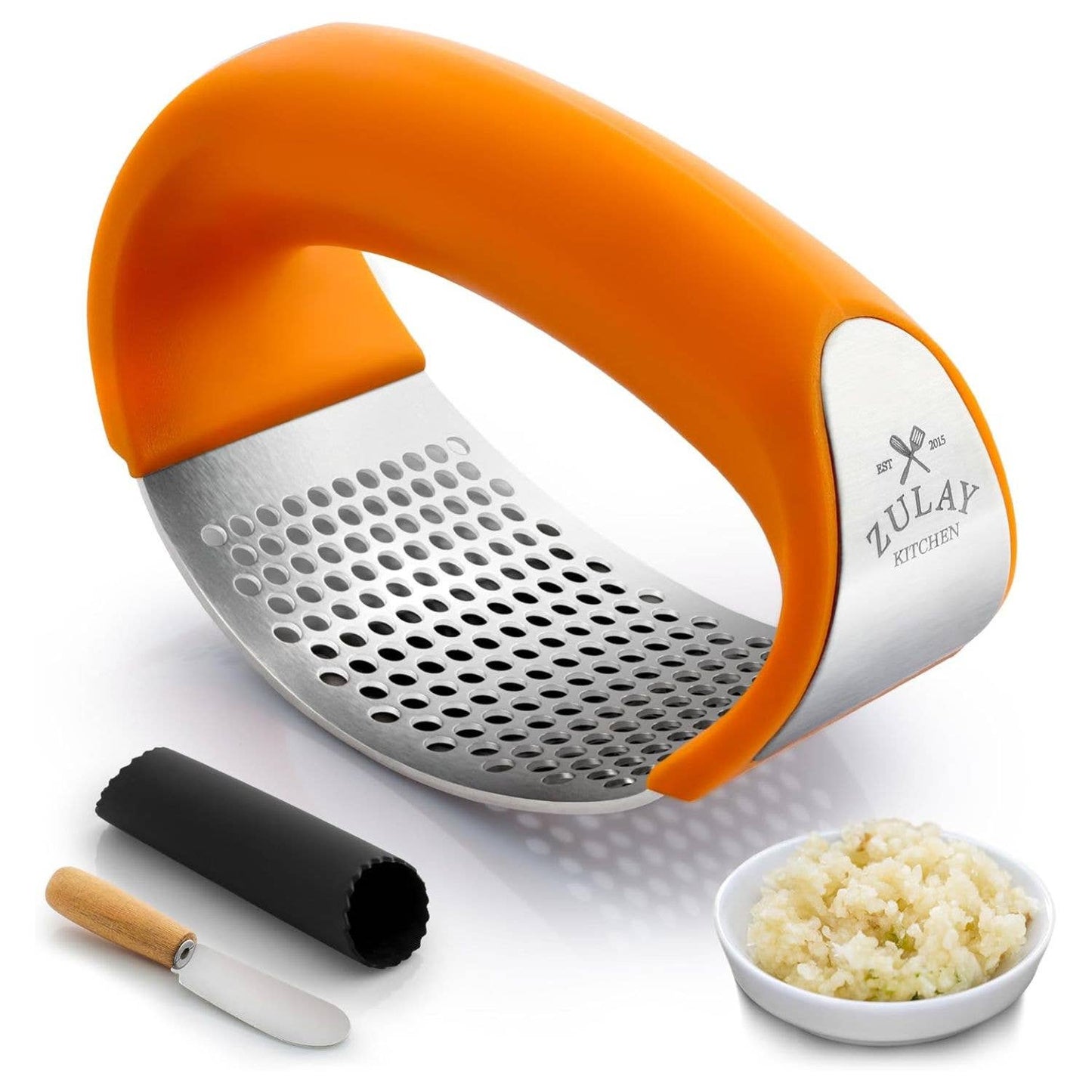Garlic Press Rocker With Silicone Peeler & Scraper Set: Blue