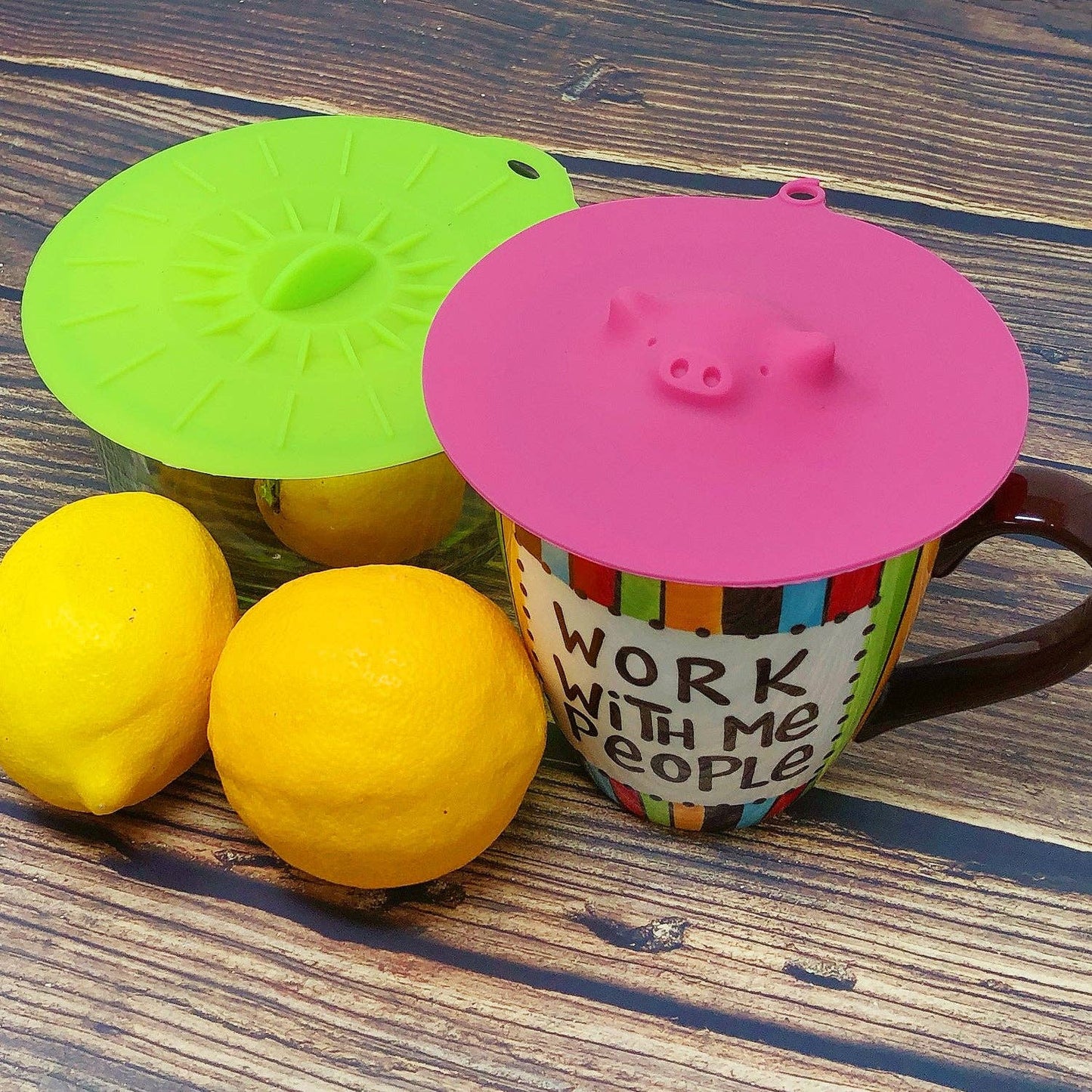 Wrapables Silicone Cup Lids, Large Anti-Dust Leak-Proof Coffee Mug Covers for Hot and Cold Drinks, Cute Piggies ~ Assorted Colors