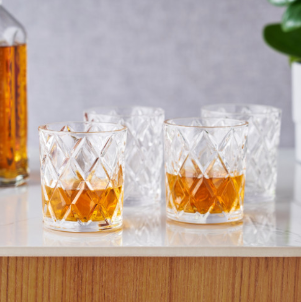 Diamond-Faceted Crystal Whiskey Glasses - Set of 4