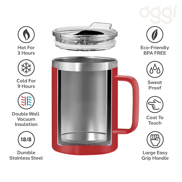 Oggi Thermomug Insulated Double Walled Mug with Lid - Red