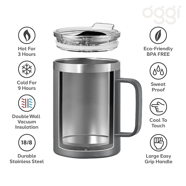 Oggi Thermomug Insulated Double Walled Mug with Lid - Geo Leaf