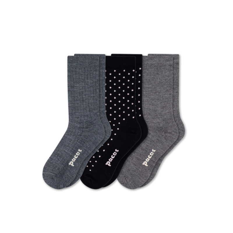 3 Pack - Women's Light-Weight Crew Pacas Socks: STRIPE/Black/Charcoal SolidAll / Medium / Large (US: 8.5 - 11.5+)