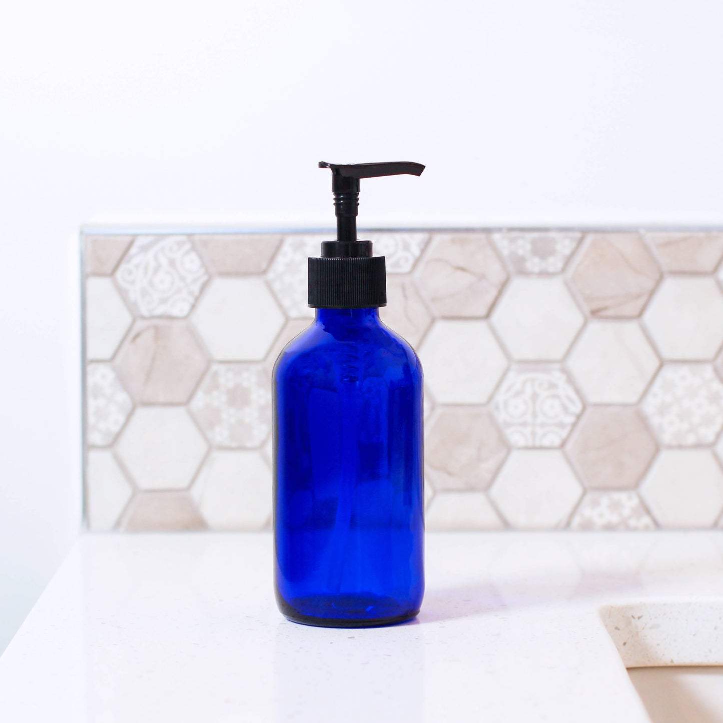 8oz Empty Blue Glass Lotion/Soap Bottle