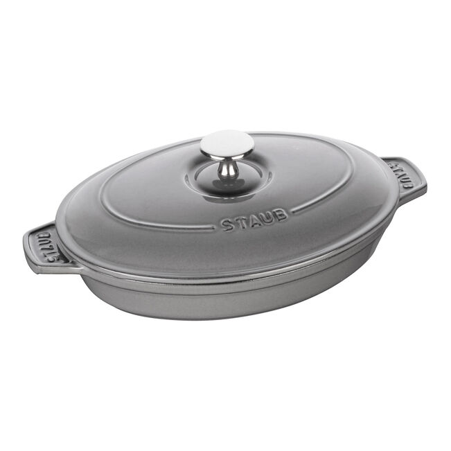 Staub Cast Iron 19-inch, Oval, Covered Baking Dish With Lid, Graphite Grey