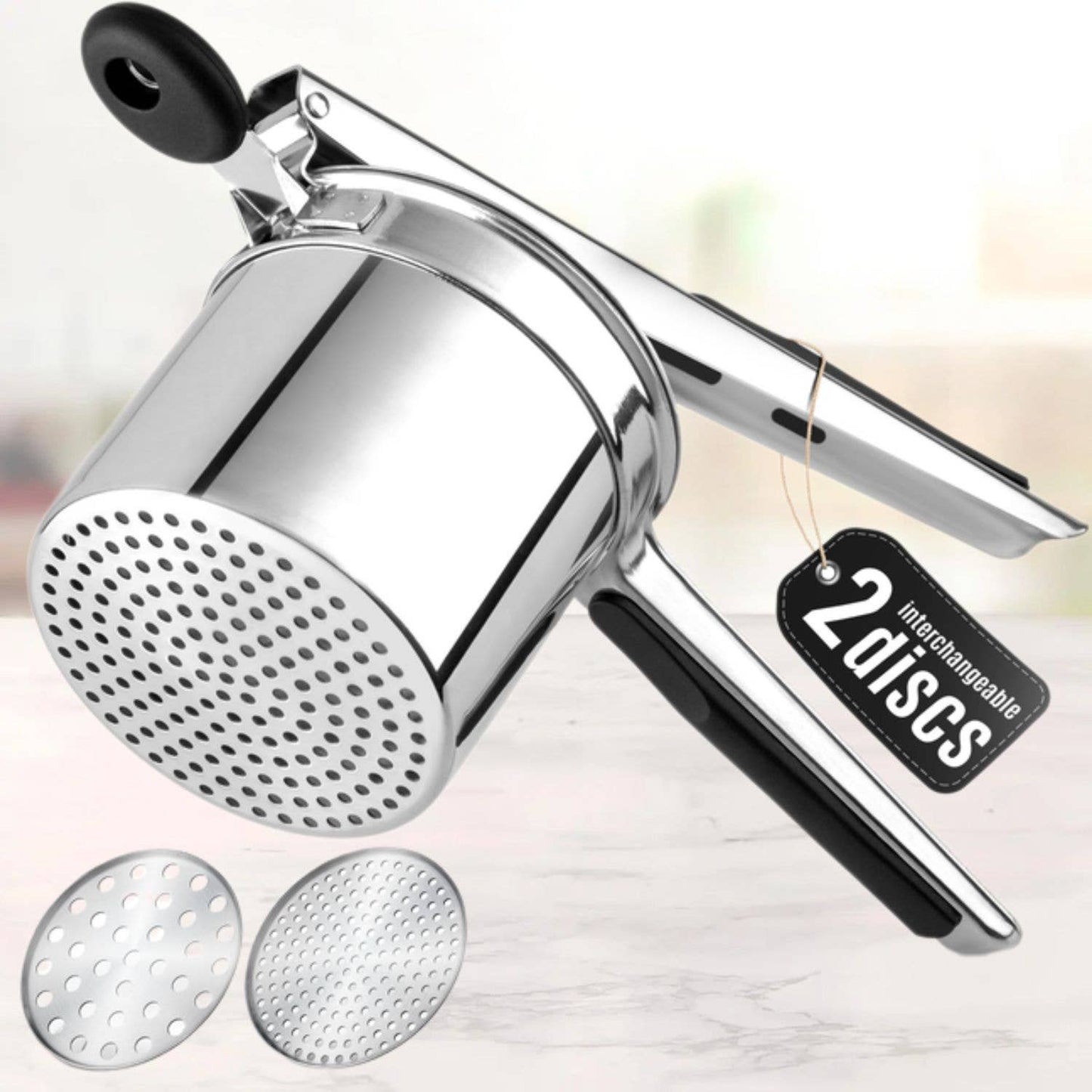 Premium Large 15oz Potato Ricer with 2 Interchangeable Discs: Silver/Black