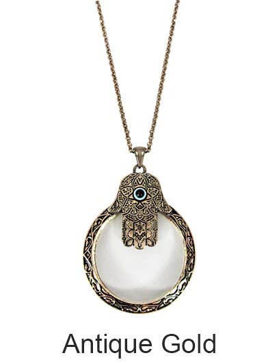 Hamsa  6 Times Magnifier Magnifying Glass Pendant Necklace: Antique Silver