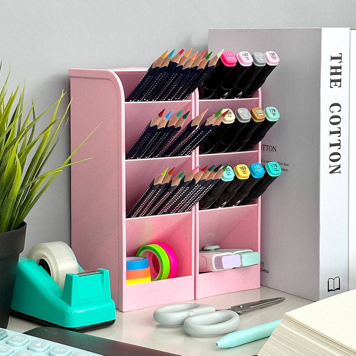 Wrapables Pen Organizer with 4 Compartments Desktop Storage: Large (2pcs) / Clear