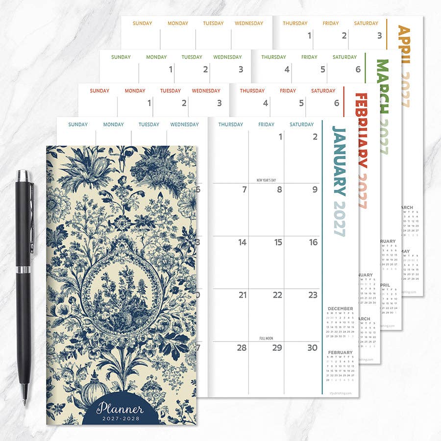 2027-2028 Blue Toile Small Monthly Pocket Planner