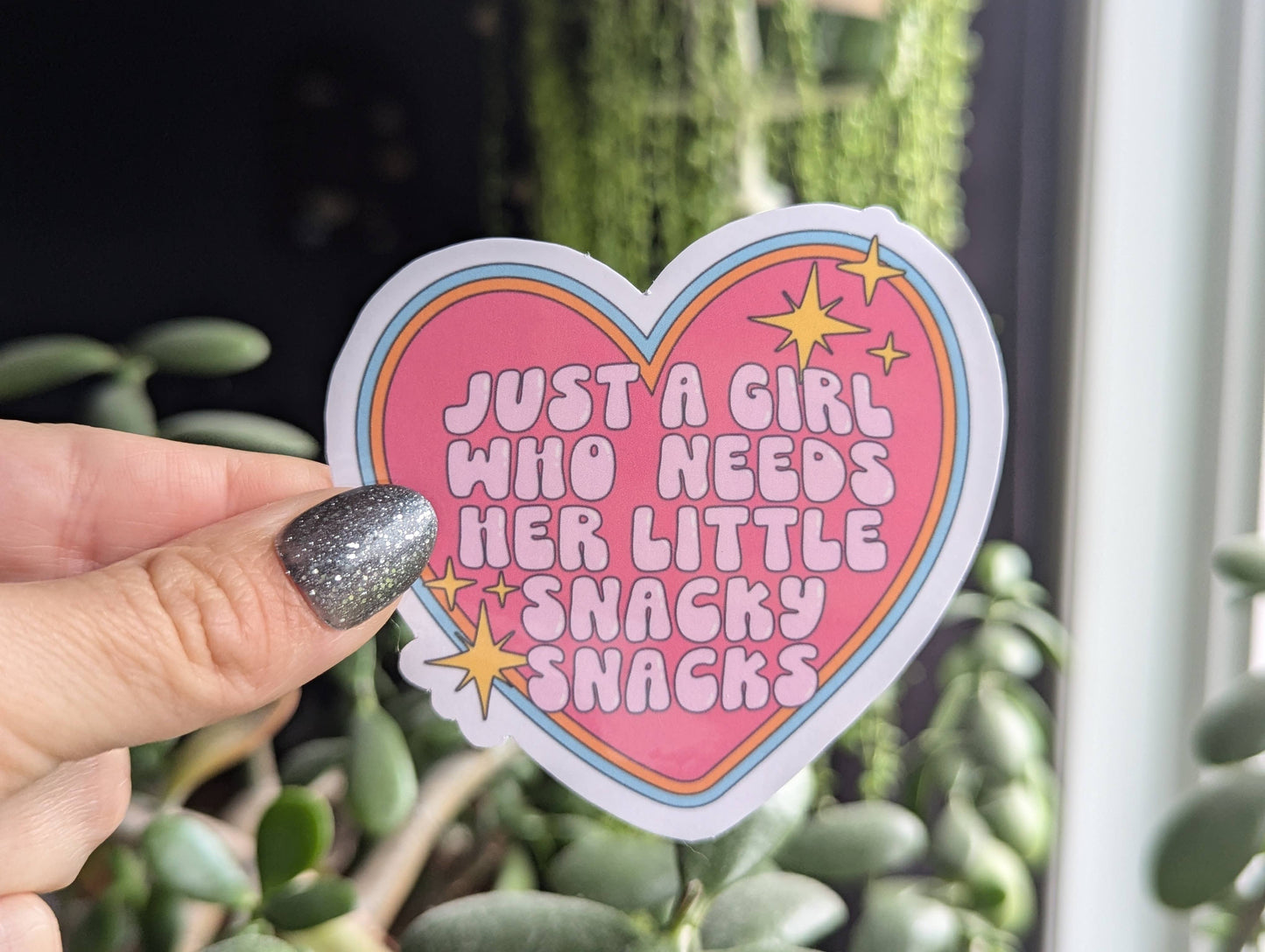 Just a girl who needs her little snacky snacks vinyl sticker: Loose