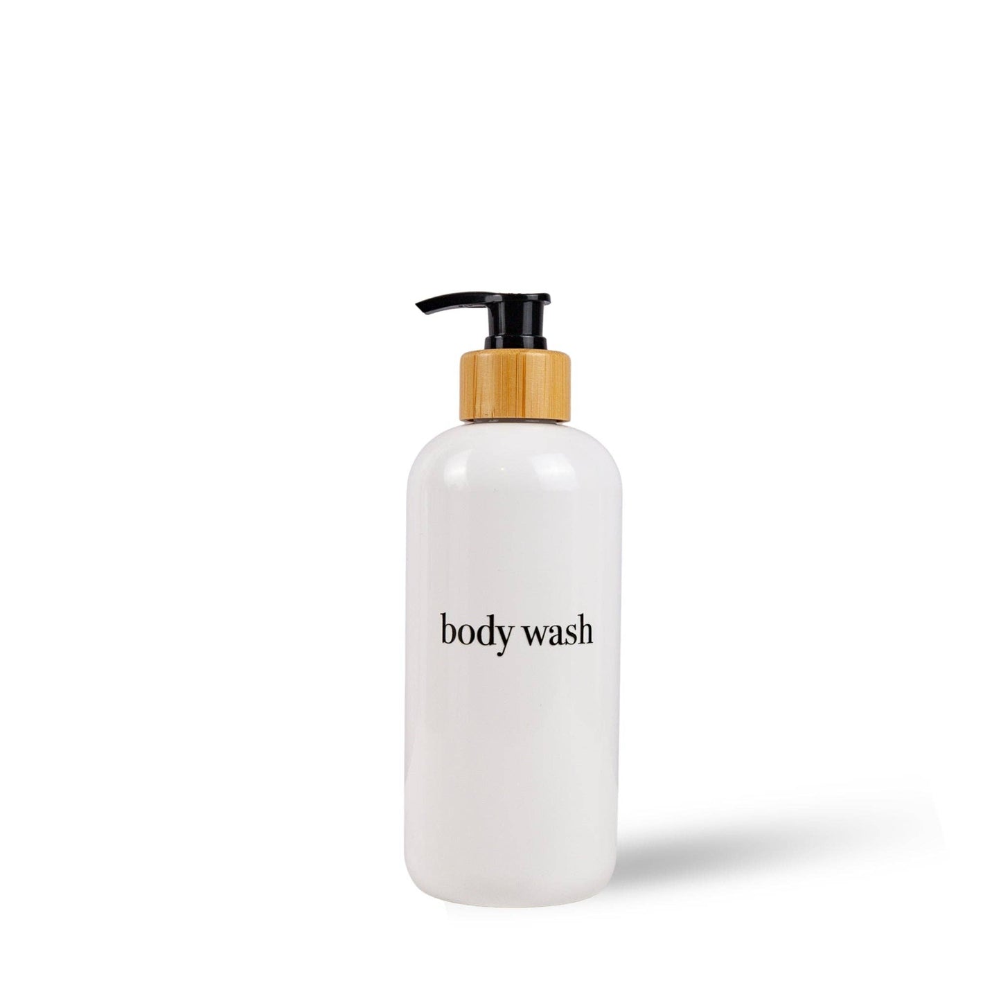 Shampoo & Conditioner Bottle Sets - Refillable | White Dispensers | Bamboo or Plastic Tops: White / Body Wash / Black / Plastic