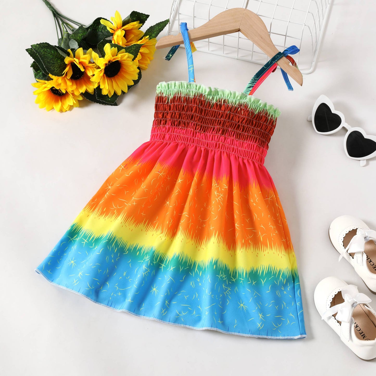 Sweet Smocked Toddler Dress, Gradient Hanging Strap Dress: Multi-color / 3 Years