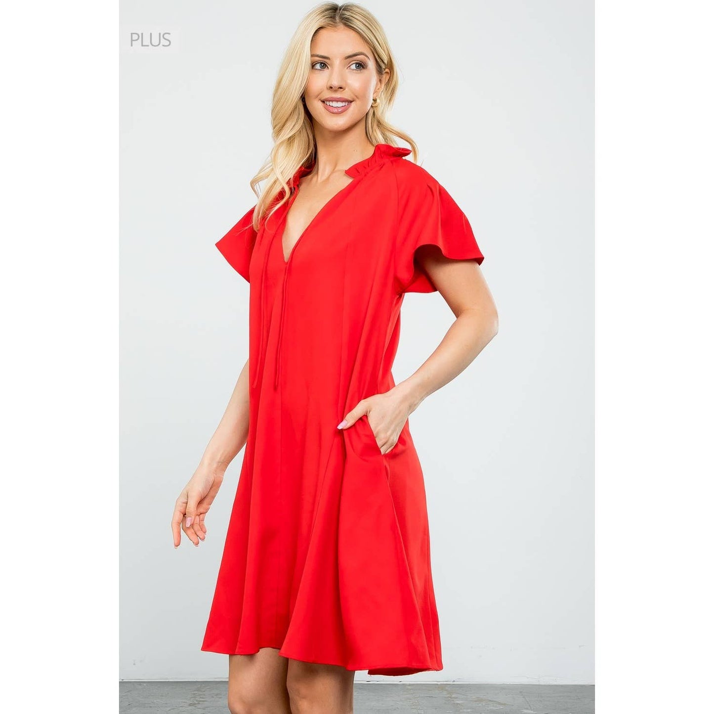 /Size XL/ Flutter Sleeve Split Tie Neck Casual Mini Dress: BLACK / XL
