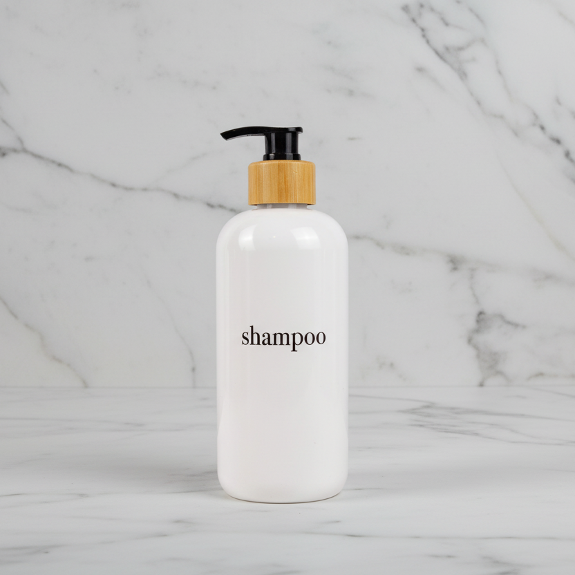 Shampoo & Conditioner Bottle Sets - Refillable | White Dispensers | Bamboo or Plastic Tops: White / Body Wash / Black / Plastic