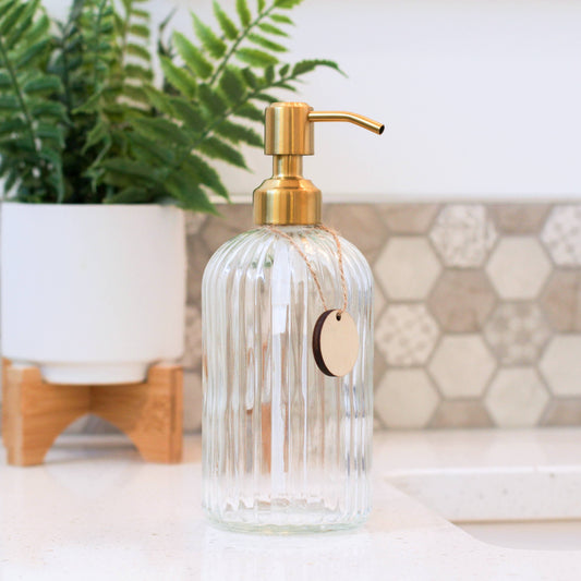 14oz Empty Fluted Glass Lotion/Soap Bottle - Brass Pump