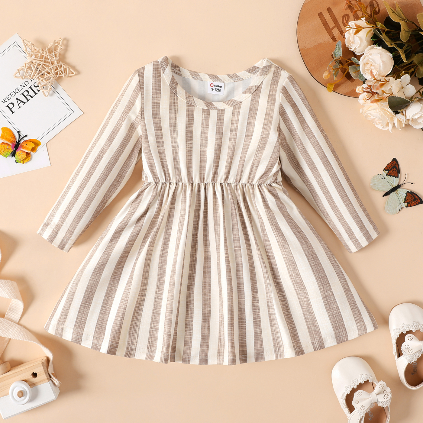 Baby Girl Ribbed Brown/White/Striped Long-sleeve Dress: Brown / 9-12 Months