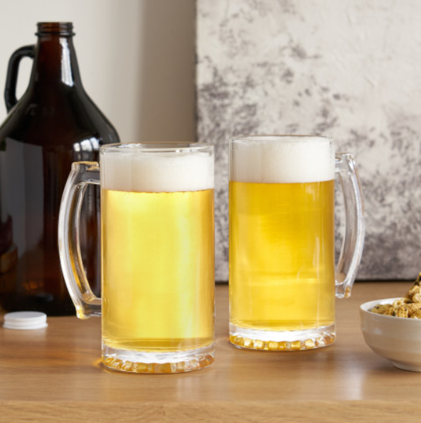 Stein Large Heavy-Base Handled Glass Beer Mugs - Set of 2