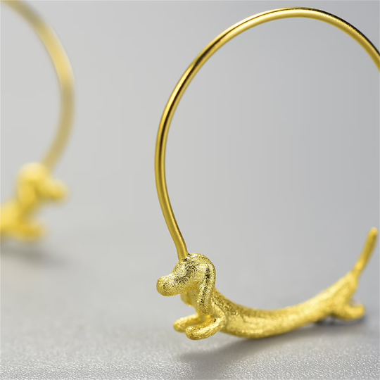 Cute Gold Dachshund Dog Hoop Earrings in 925 Sterling Silver: Gold