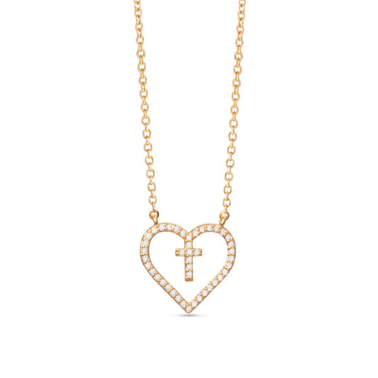 Gold Heart with Inset Cross Necklace -  Gold - AMANDA BLU