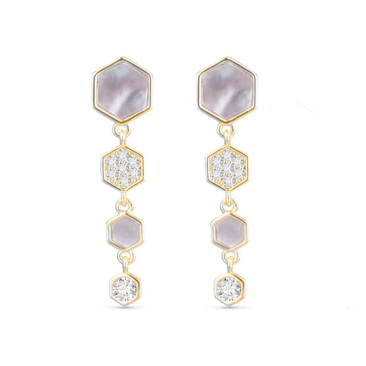 Mother of Pearl and CZ Hexagon Drop Earrings -  Gold - AMANDA BLU AG