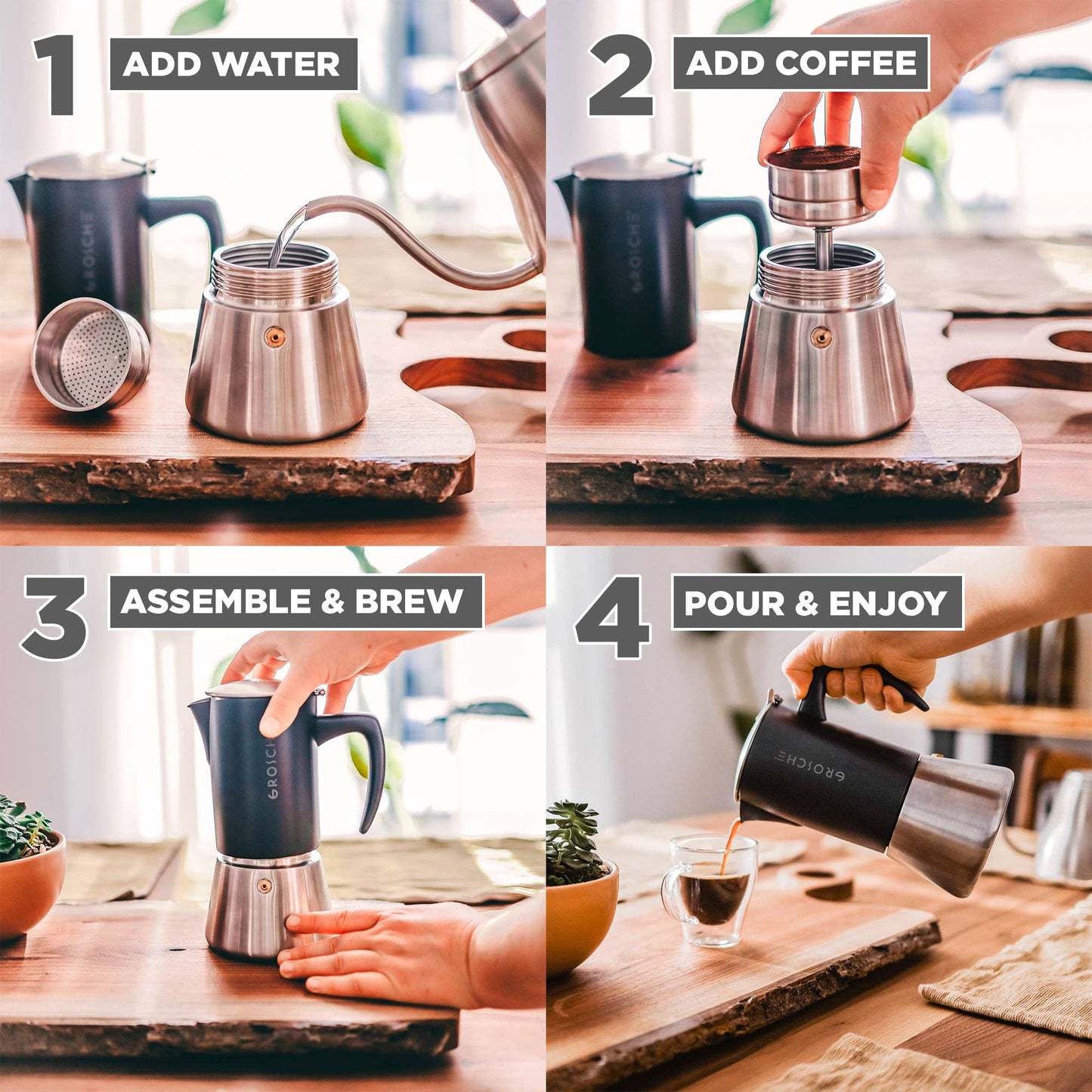GROSCHE MILANO Steel Stovetop Espresso Maker - Black: 6 cup/9.3 oz