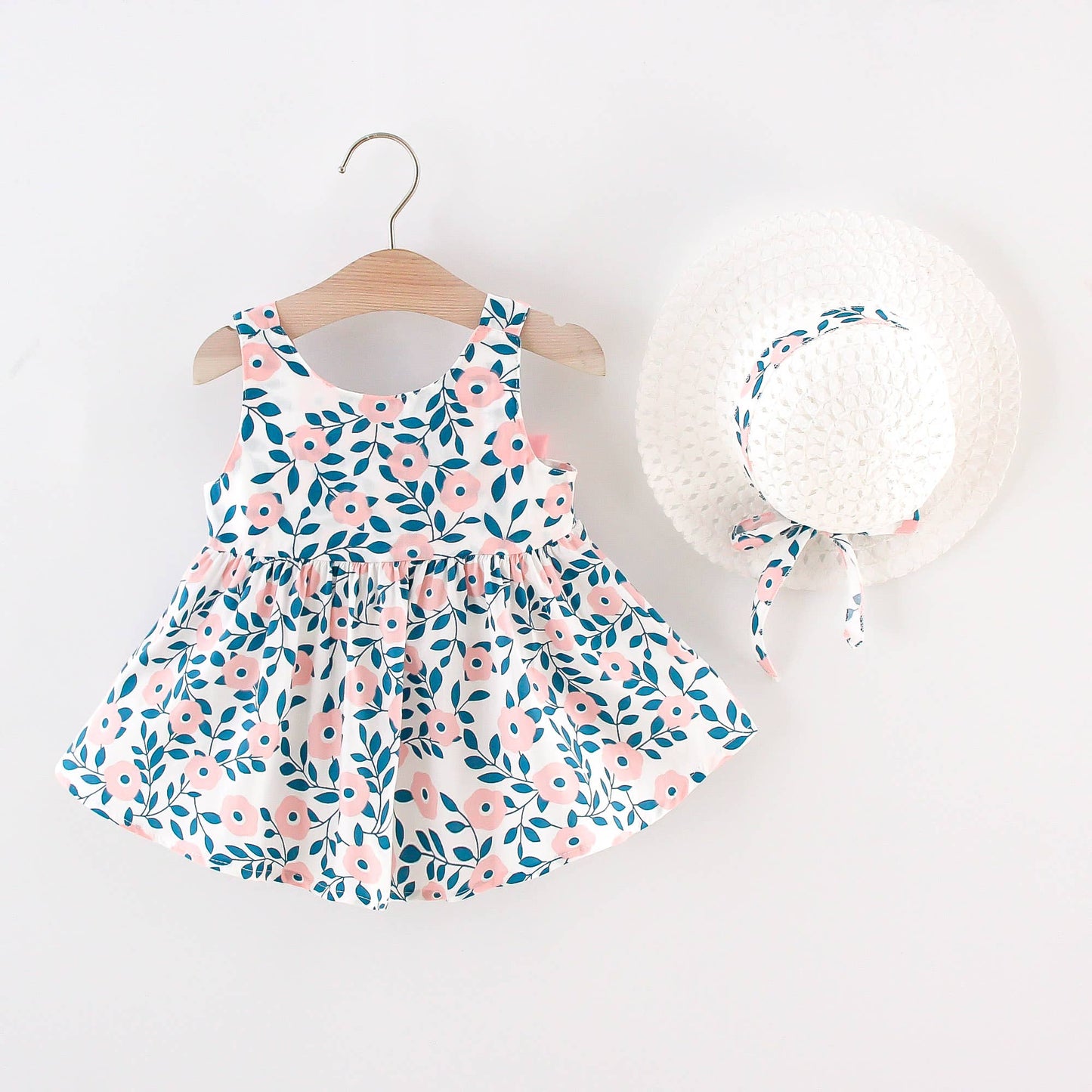 2pcs Floral Print Bowknot Sleeveless Baby Dress: Pink / 6-9 Months