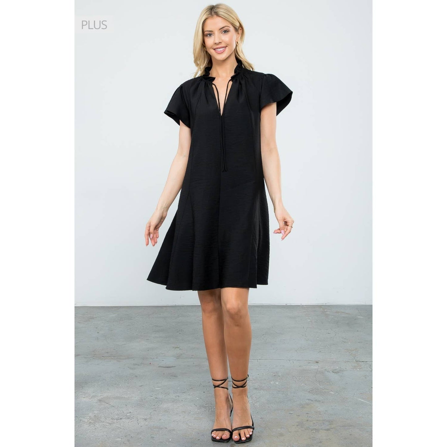 /Size XL/ Flutter Sleeve Split Tie Neck Casual Mini Dress: BLACK / XL