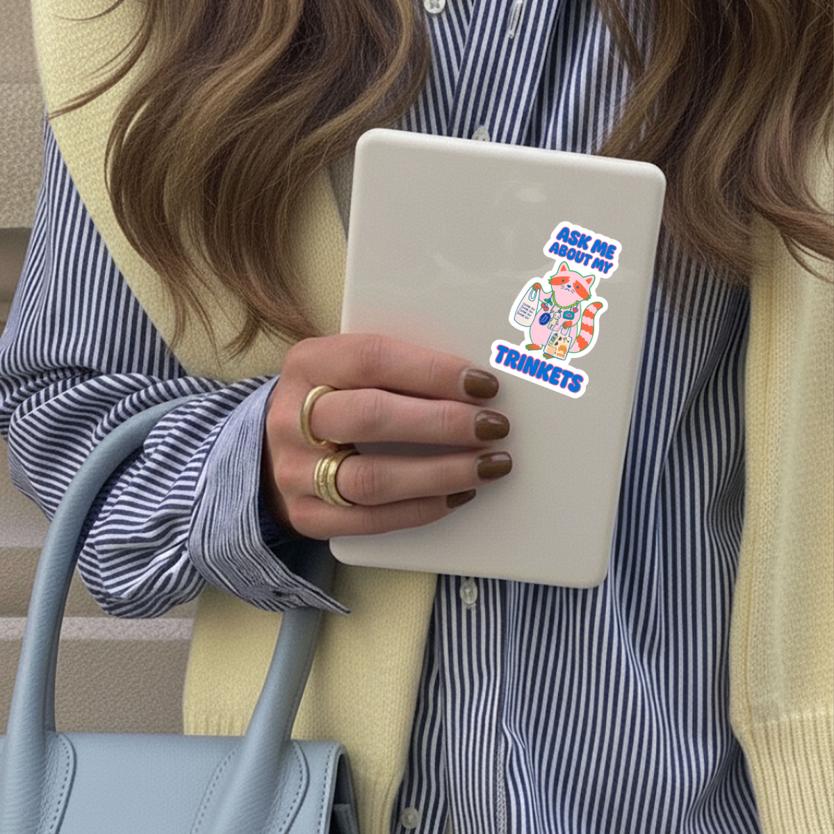 Ask Me About My Trinkets Sticker, Quirky Raccoon Collectible