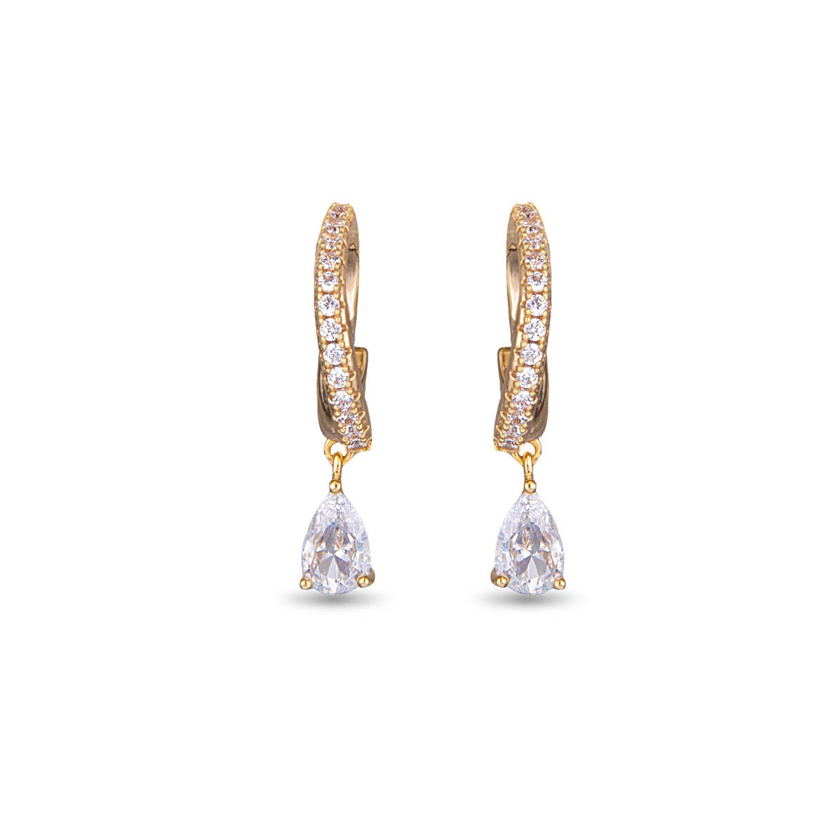 Small Hoop CZ with Droplet Earrings -  Gold