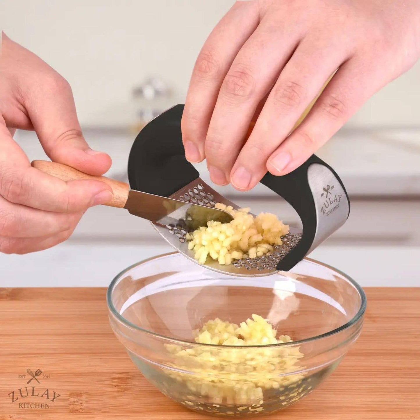 Garlic Press Rocker With Silicone Peeler & Scraper Set: Blue
