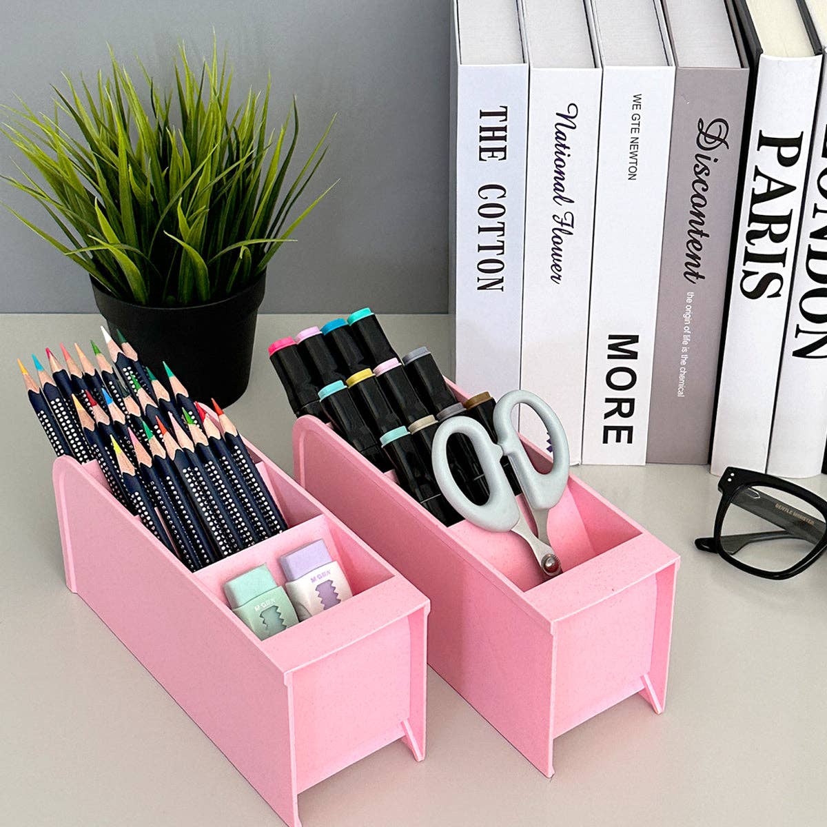 Wrapables Pen Organizer with 4 Compartments Desktop Storage: Large (2pcs) / Clear