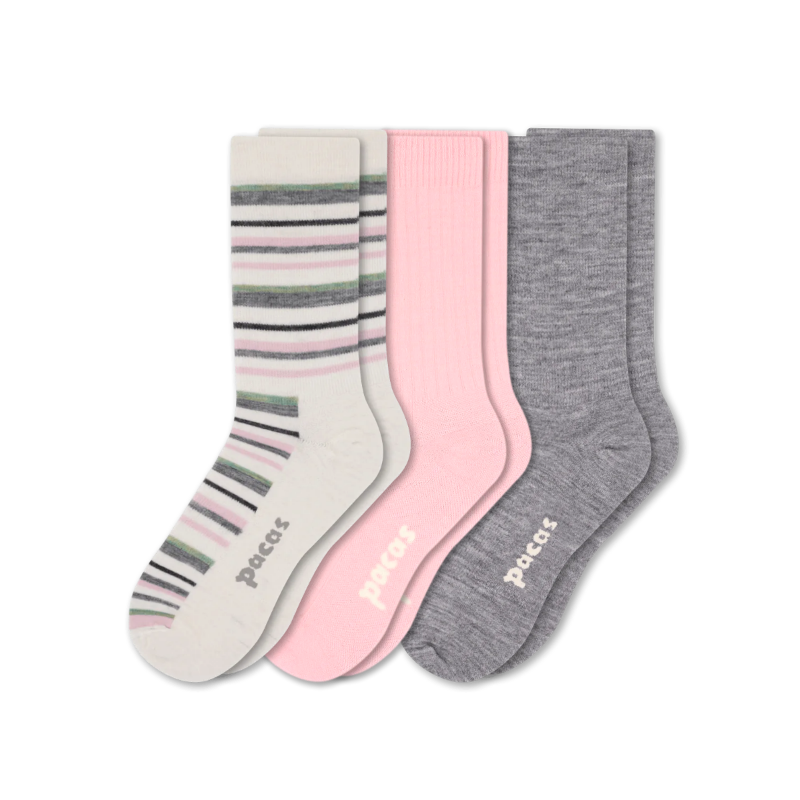 3 Pack - Women's Light-Weight Crew Pacas Socks: STRIPE/Black/Charcoal SolidAll / Medium / Large (US: 8.5 - 11.5+)