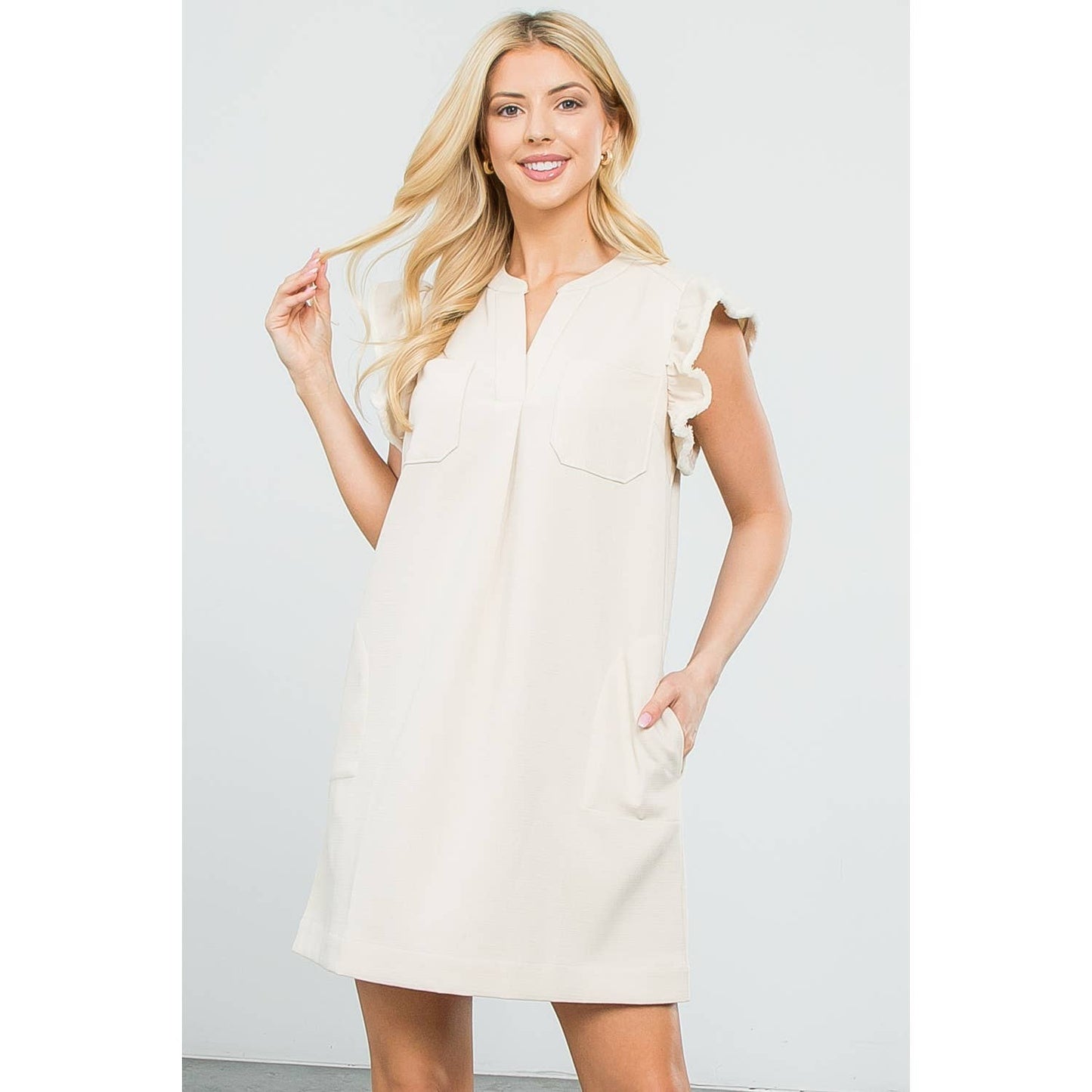 Flutter Sleeve Split V-Neck Mini Shift Dress: CREAM / XS-S-M-L(1-2-2-1)