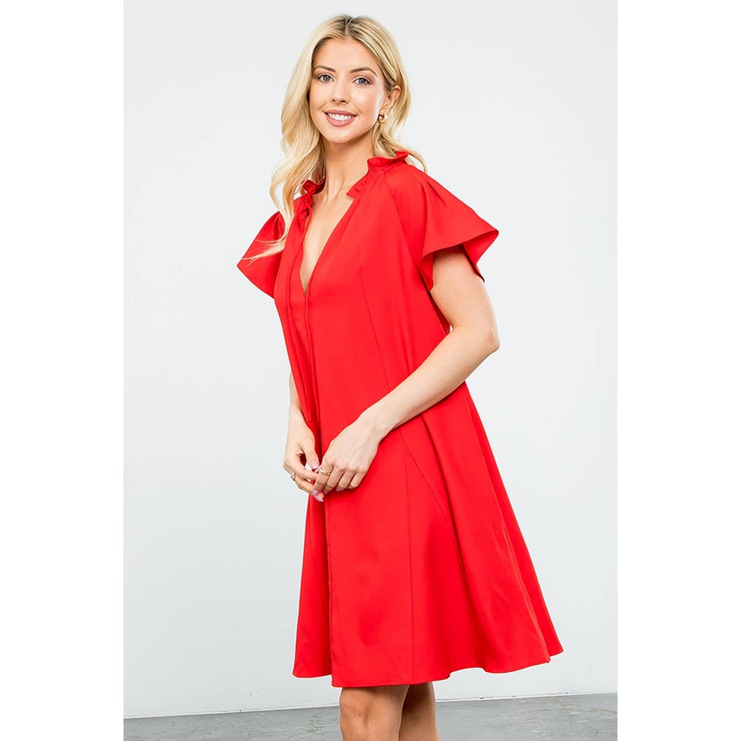 Flutter Sleeve Split Tie Neck Casual Mini Dress: BLACK / XS-S-M-L(1-2-2-1)
