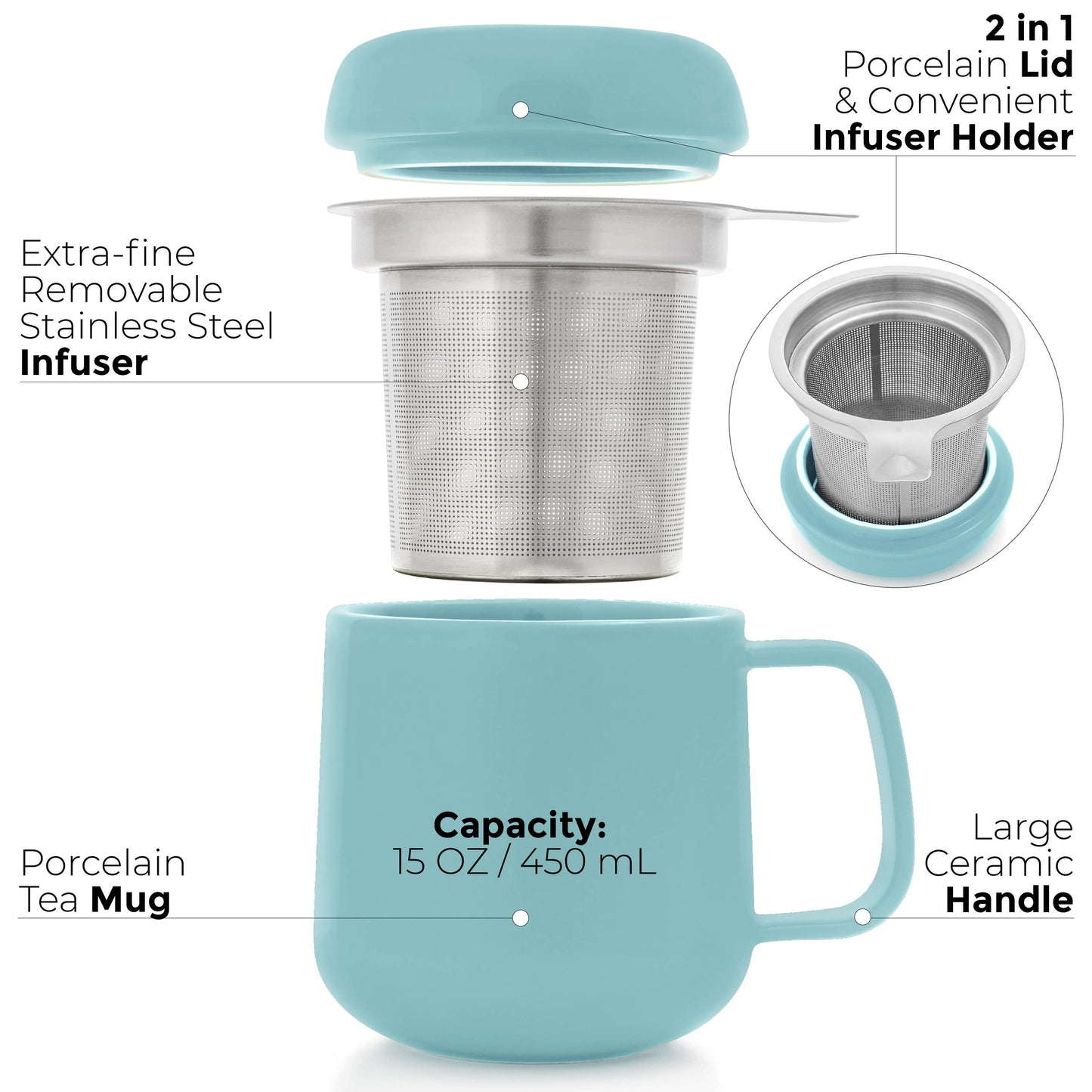 Sumo Porcelain Matte Finish Mug Cup With Infuser 15oz: Black