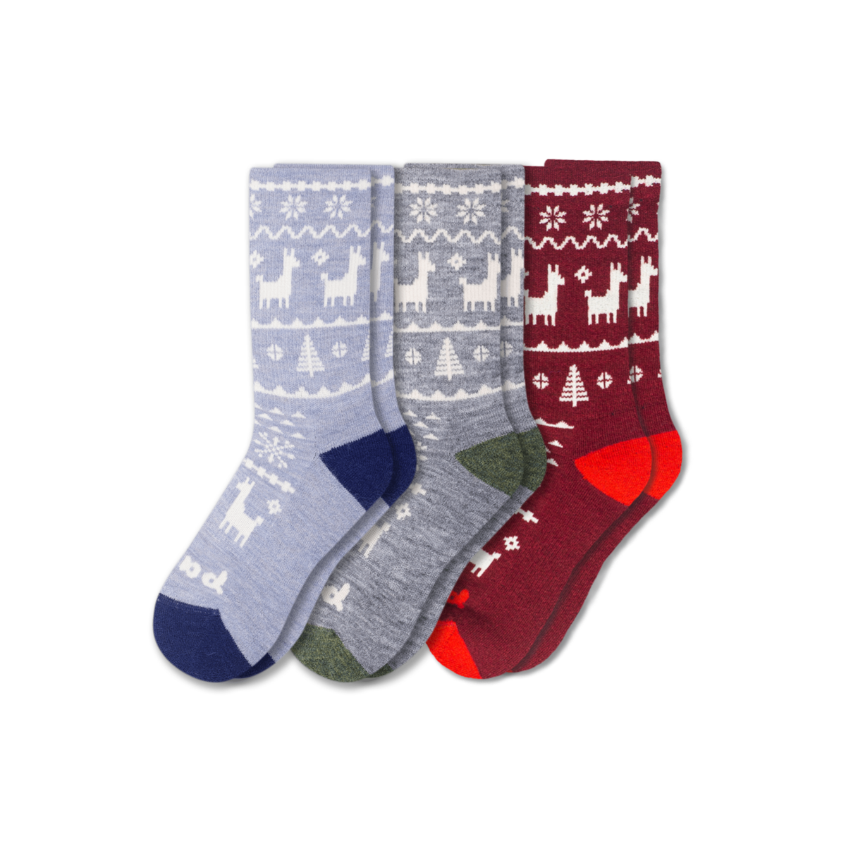 Women's Crew Pacas Socks: Medium / Large (US: 8.5 - 11.5+) / HOLIDAY/ Red Santa Alpaca & HOLIDAY/ Green Tree & HOLIDAY/ Green/ Red Stripe