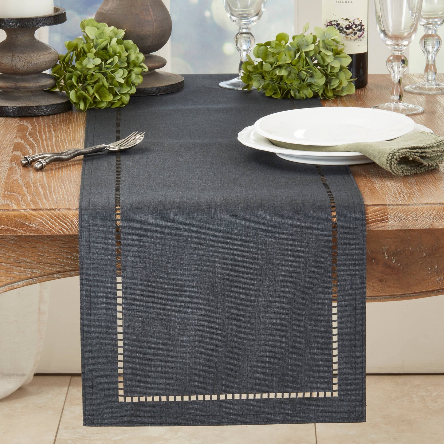 Laser-Cut Hemstitch Runner: Denim / 14"x72"