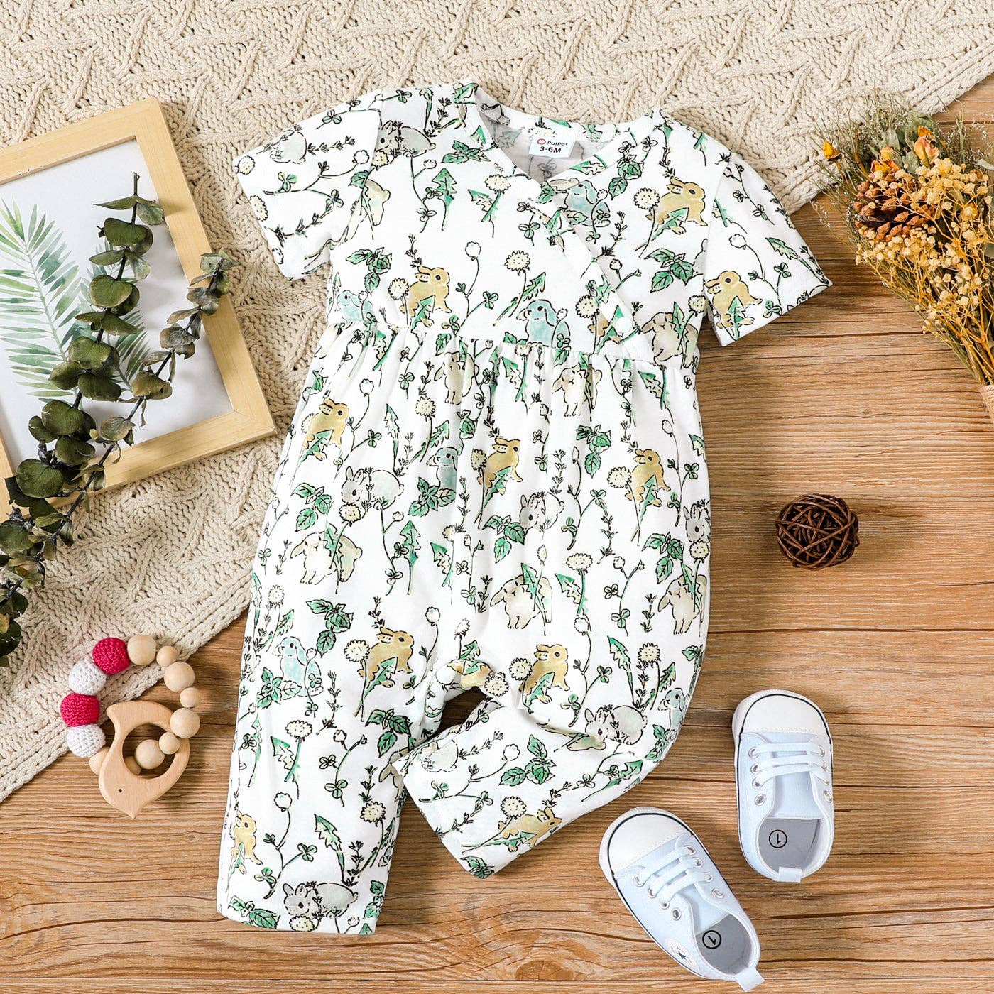 Baby Girl All Over Rabbit  Solid Ribbed V Neck Jumpsuit: 0-3 Months / GrayGreen