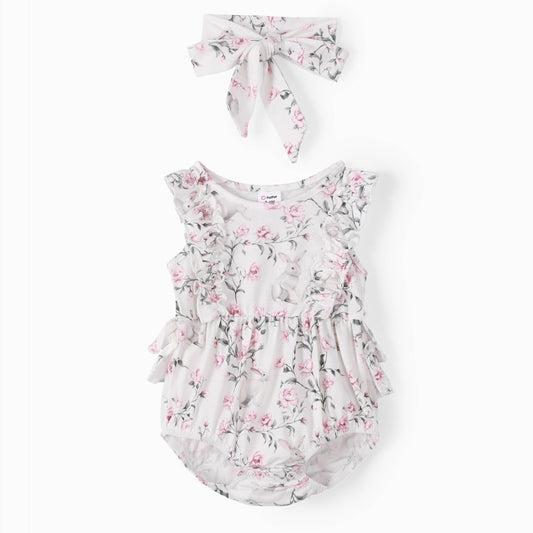 Baby Girl 2pcs Rabbit Print Pajama Romper with Headband: Pink / 12-18 Months