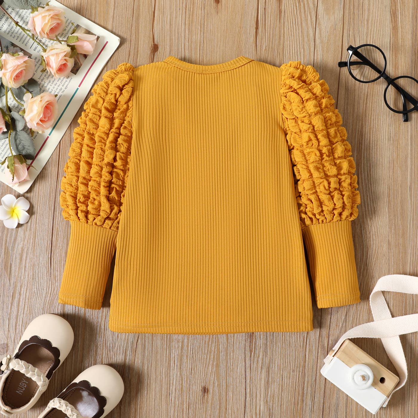 Girl Textured Ribbed Long Puff-sleeve Solid Color Tee: Yellow / 3-4 Years