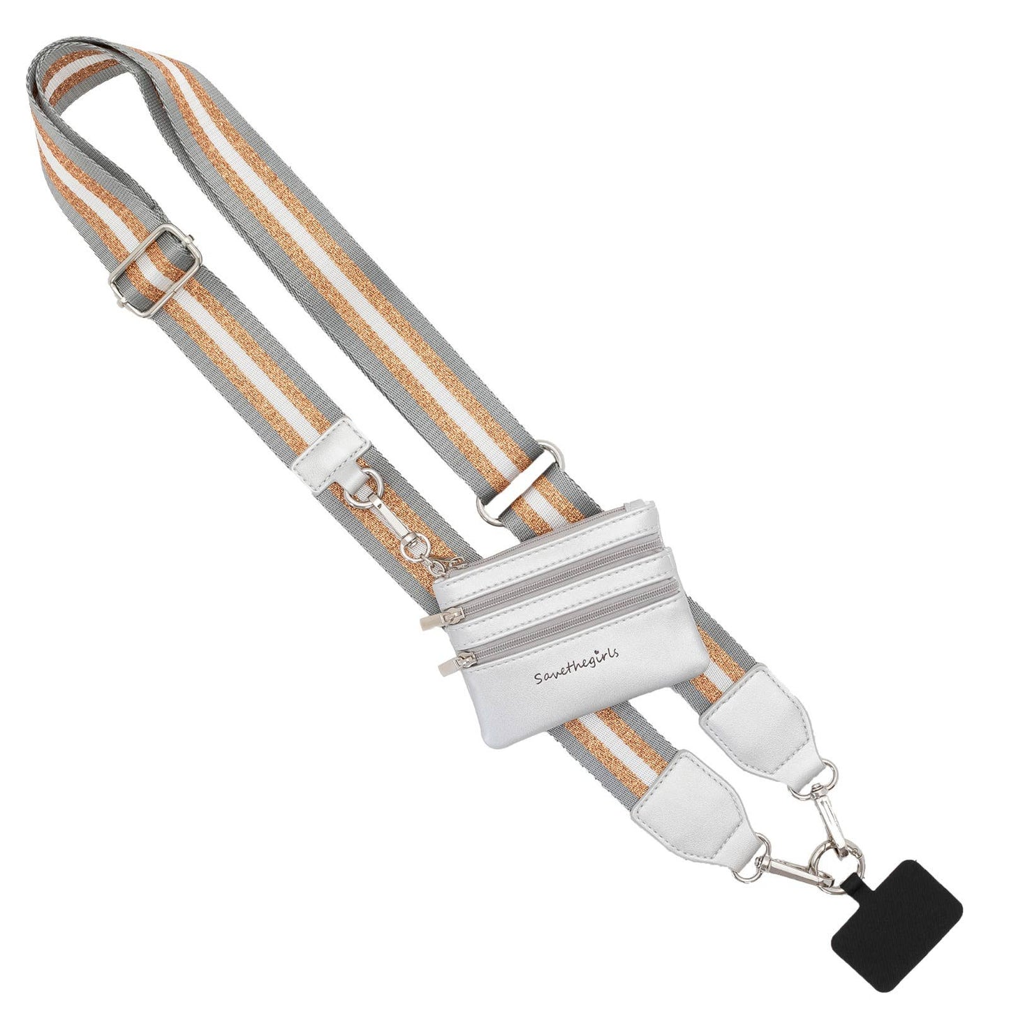 Clip & Go Crossbody Strap with Pouch - Stripe Collection: Grey/Gold/White