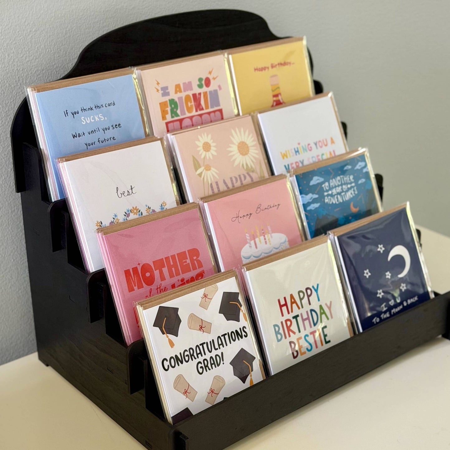 4 Tier Wooden Greeting Card Display Rack - Black