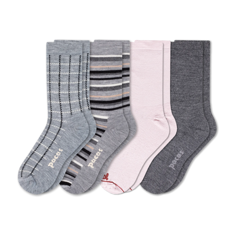 Women's Light-Weight Crew Pacas Socks: Charcoal/Lilla & Blush & PLAID/Gray & Gray Stripe / Small / Medium (US: 5 - 8)