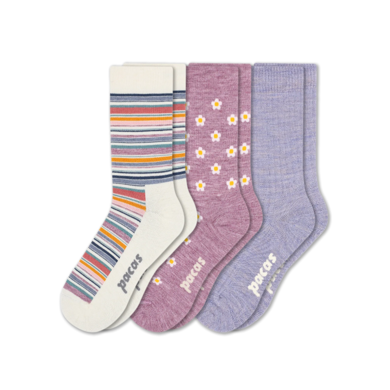3 Pack - Women's Light-Weight Crew Pacas Socks: STRIPE/Black/Charcoal SolidAll / Medium / Large (US: 8.5 - 11.5+)