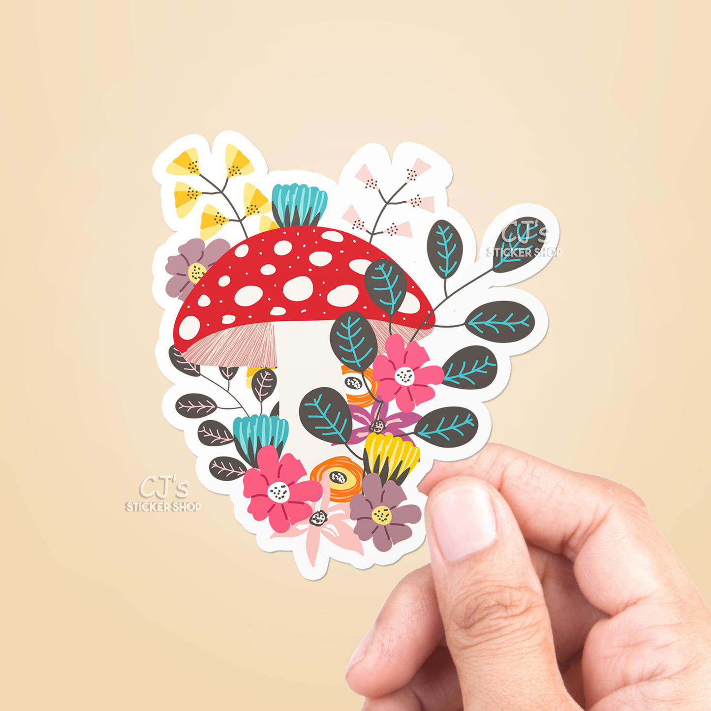 Mushroom and Flowers Sticker Vinyl Decal: 3"