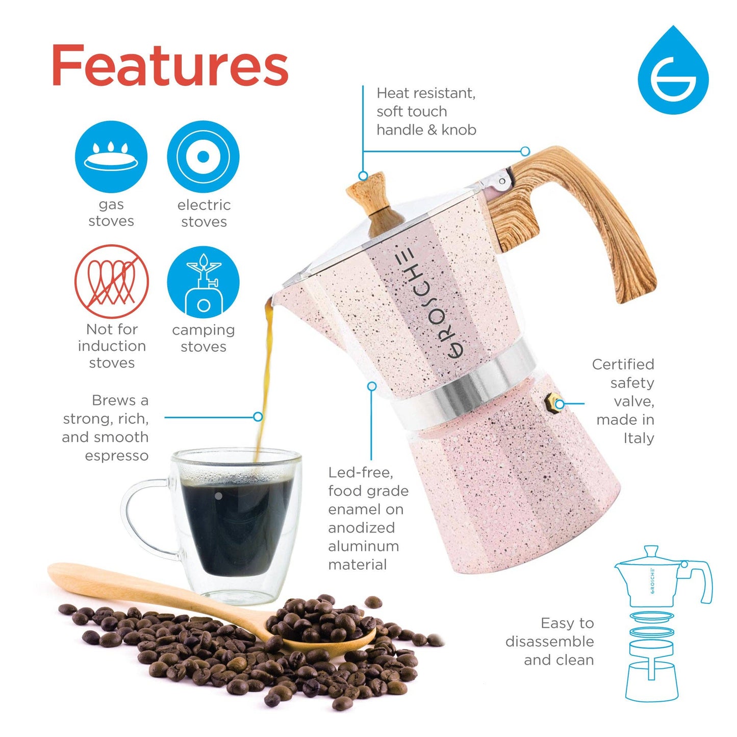 MILANO STONE Stovetop Espresso Maker  - Blush Pink: 6 cup